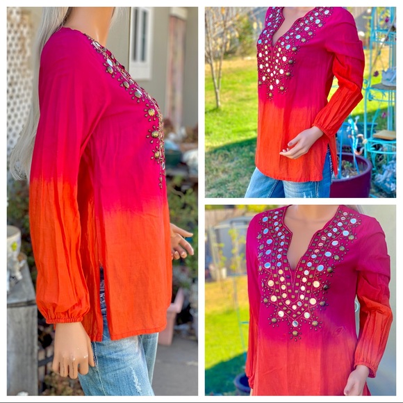 🎉HP MICHAEL KORS Retro Tie-die Ombré BoHo Gypsie Chic Beaded Mirrored Blouse - Picture 8 of 15